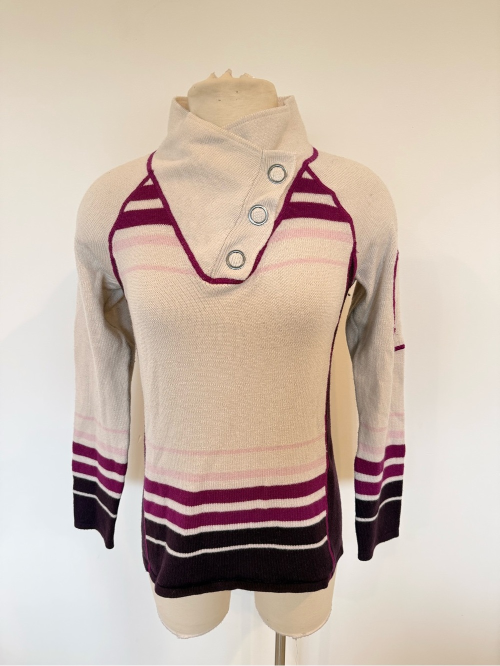 DAKINI Wool Blend Striped Asymmetric Button Collar Sweater Cream Purple Size Med - Picture 2 of 9